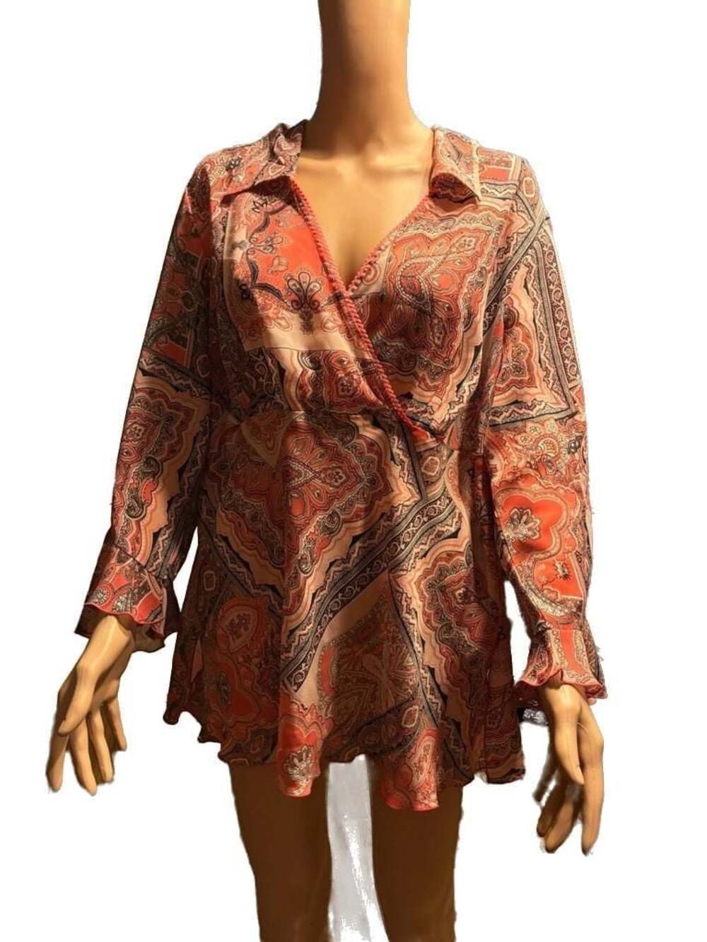 Blue Diamond Plus Paisley Print Faux Wrap Mini Dress with Bell Sleeves